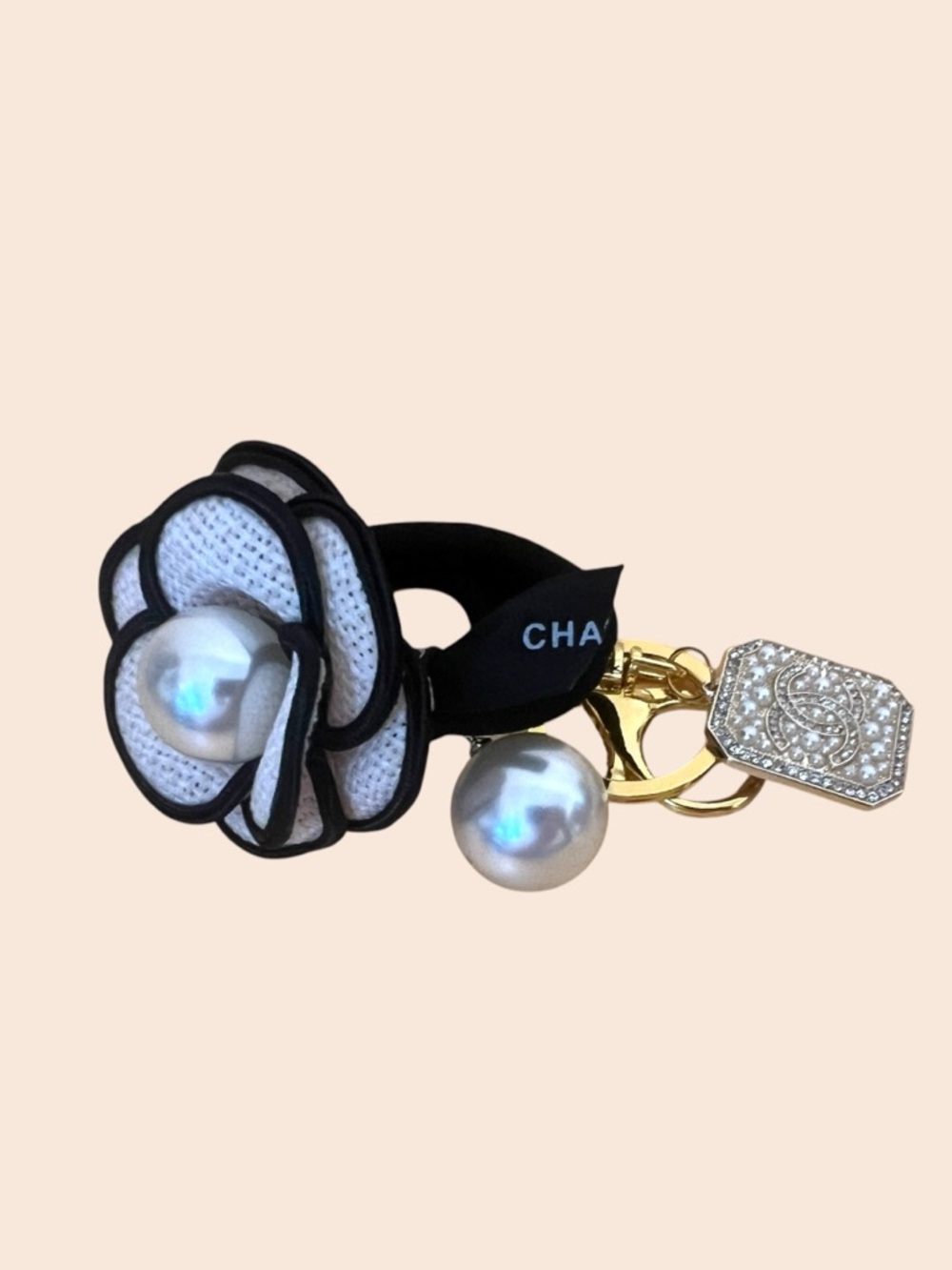 Black & tan Camellia Pearl and Gold Logo Keyring